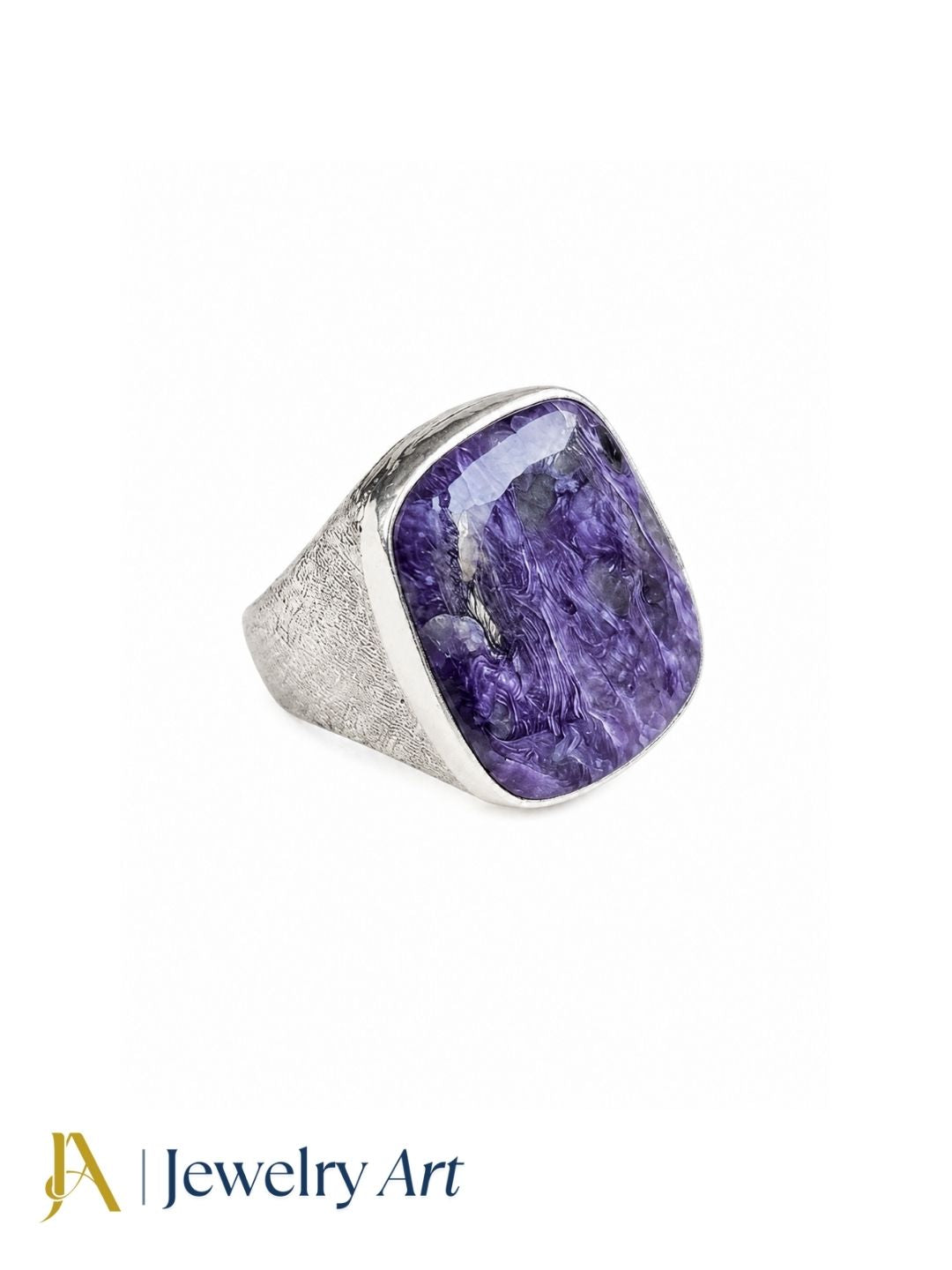 Luxury handcrafted Charoite gemstone men's ring with silver plated GS, showcasing a natural gemstone and timeless artisan craftsmanship.
