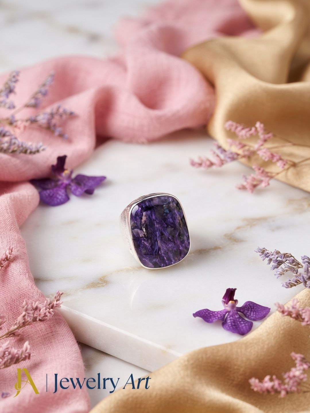 Designer natural Charoite gemstone silver plated GS ring showcased in a sophisticated decorative jewelry display highlighting artisan craftsmanship.
