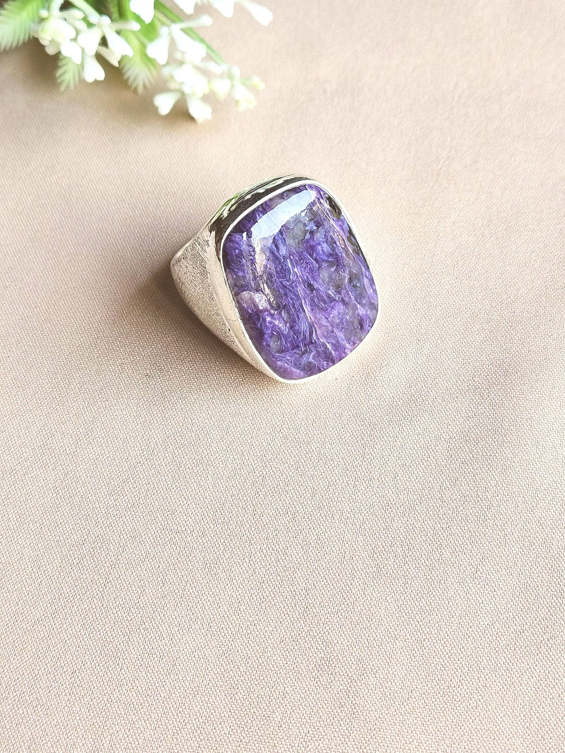 Men’s Natural Charoite Stone Ring – Handcrafted Silver Plated GS Bold Statement Ring