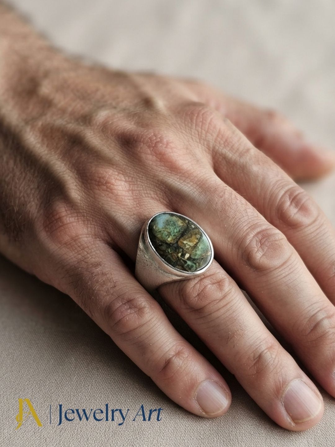 Luxury men's jewelry featuring a handcrafted natural Copper Chrysocola gemstone ring with silver plated GS finish and premium craftsmanship.
