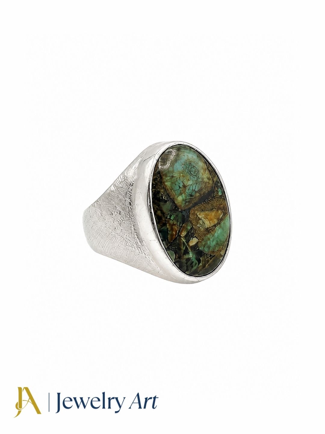 Unique natural Copper Chrysocola gemstone statement ring for men in silver plated GS, handcrafted artisan jewelry displayed on a pure white background.
