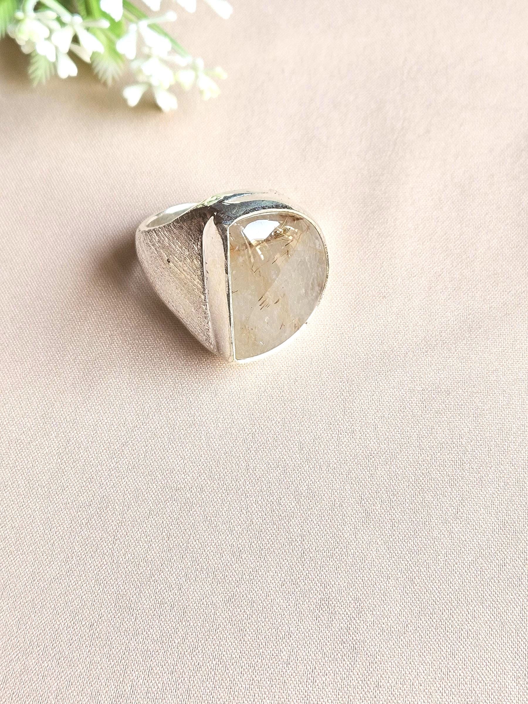 Handcrafted Natural Rutile Quartz Stone Ring for Men – Silver Plated GS Statement Jewelry