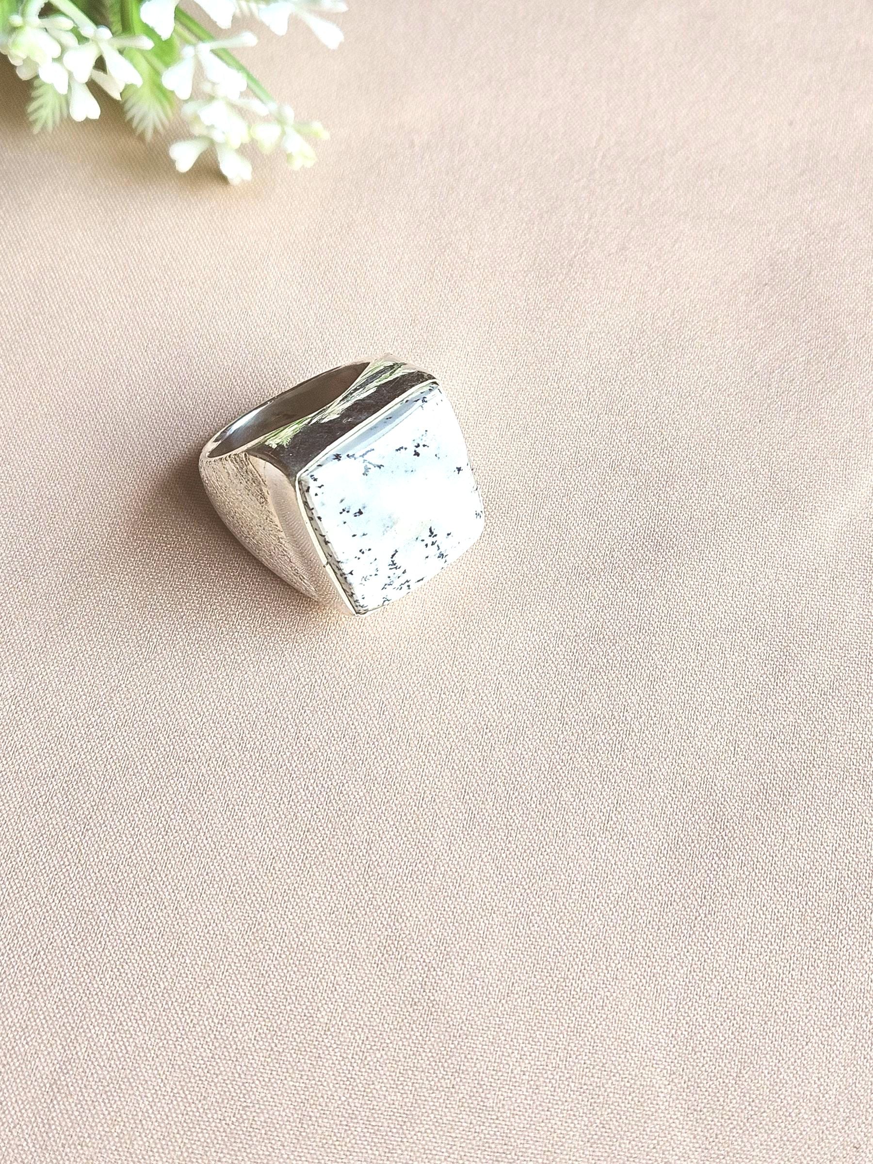 Men’s Natural Dendrite Agate Ring – Handmade Silver Plated GS Designer Statement Ring
