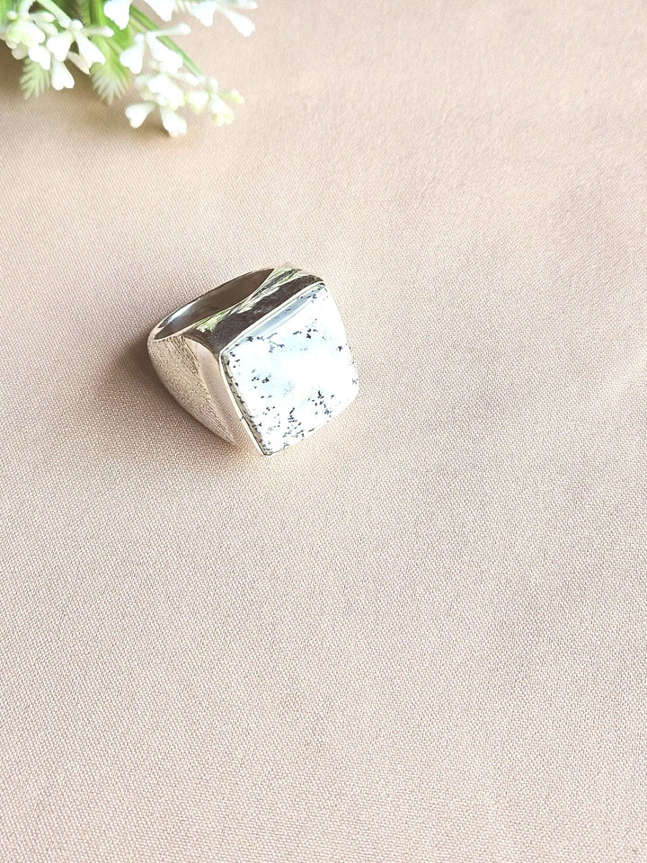 Men’s Natural Dendrite Agate Ring – Handmade Silver Plated GS Designer Statement Ring