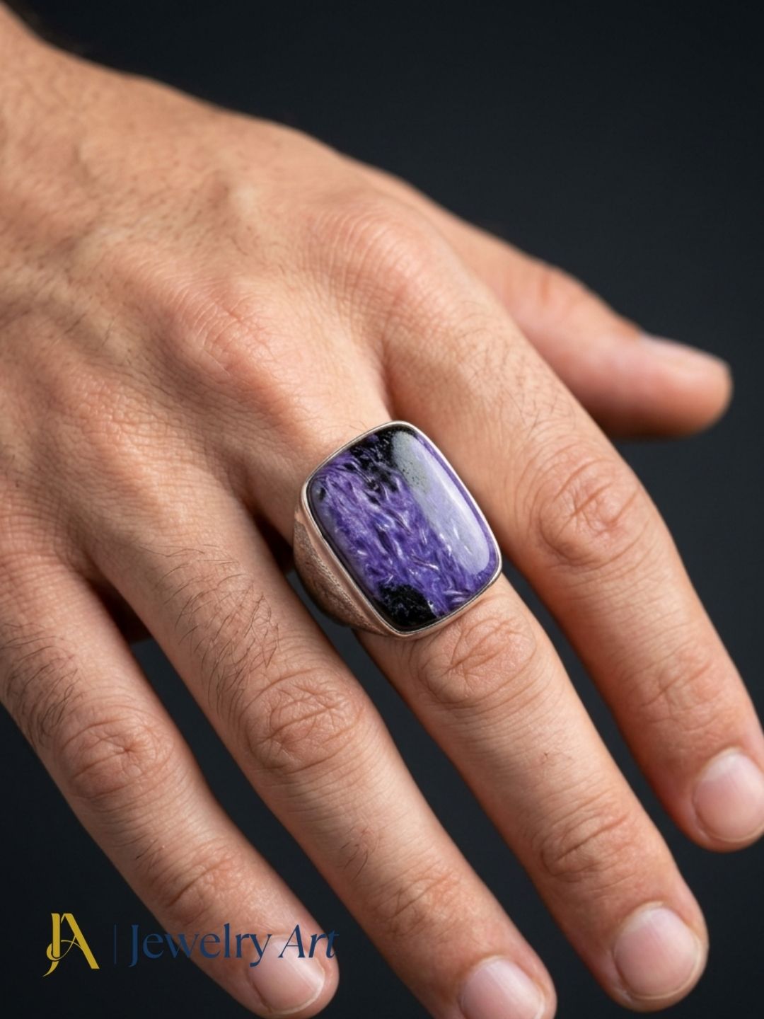 Fashion model wearing Natural Charoite silver plated ring for men
