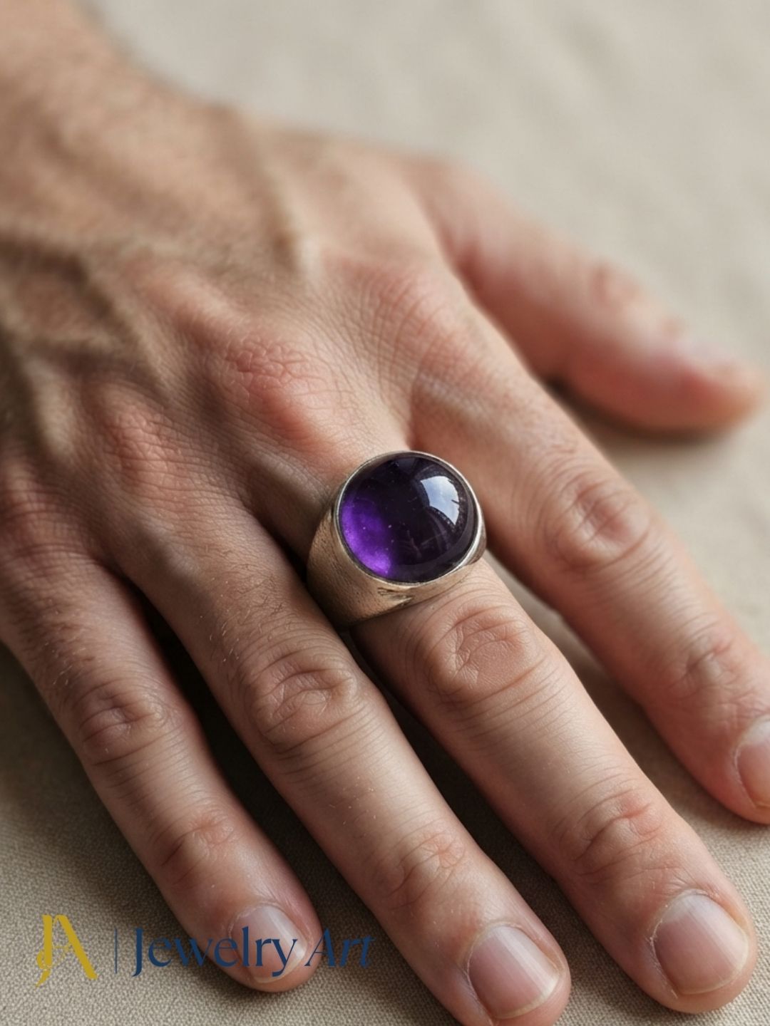 Male model wearing a handcrafted natural Amethyst gemstone silver plated GS fashion ring, showcasing premium artisan craftsmanship with modern men's fashion styling.
