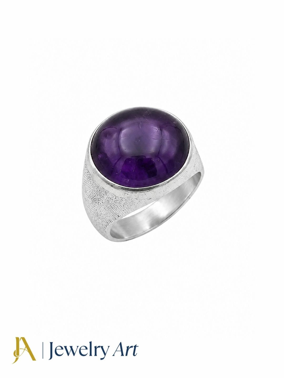 Premium natural Amethyst ring for men in silver plated GS, handcrafted fashion ring isolated on a pure white background for premium eCommerce jewelry photography.
