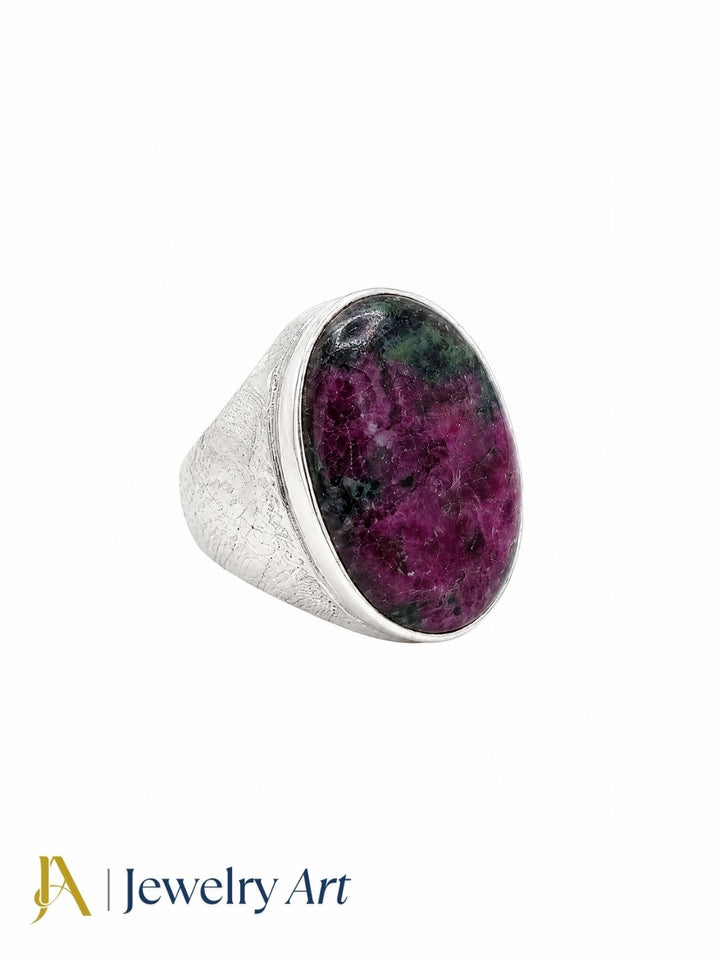 Stylish Ruby Zoisite gemstone ring for men in silver plated GS, handmade designer ring isolated on a pure white background for premium eCommerce jewelry photography.

