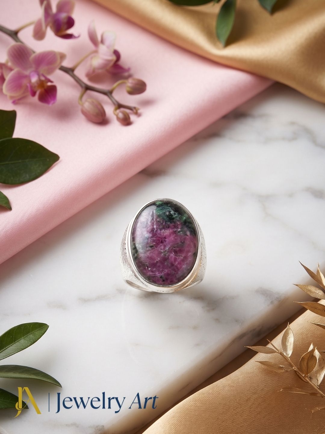 Natural Ruby Zoisite gemstone ring in silver plated GS displayed in a refined decorative jewelry arrangement with premium styling.
