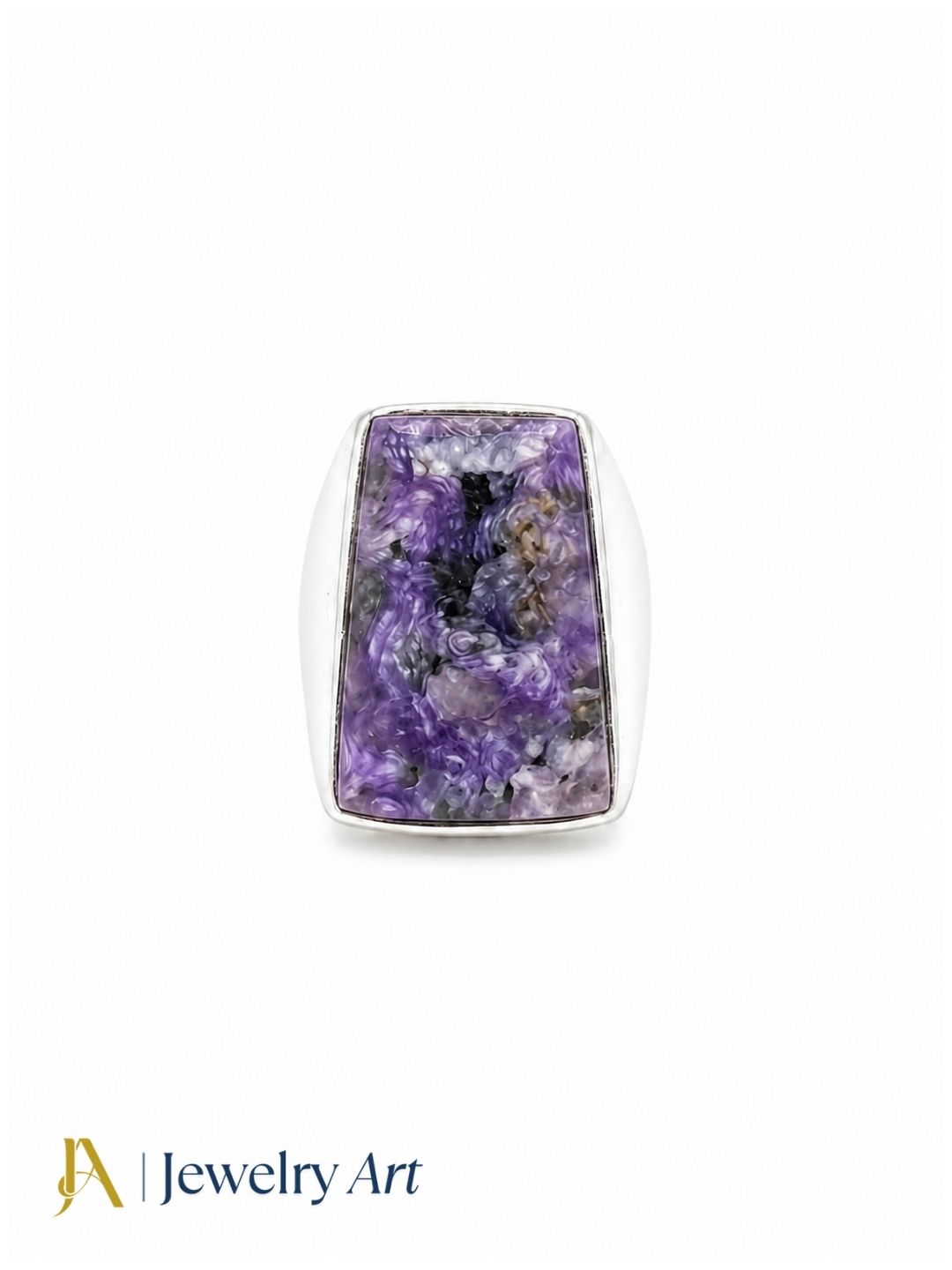 Silver plated Charoite gemstone men's ring isolated on white background
