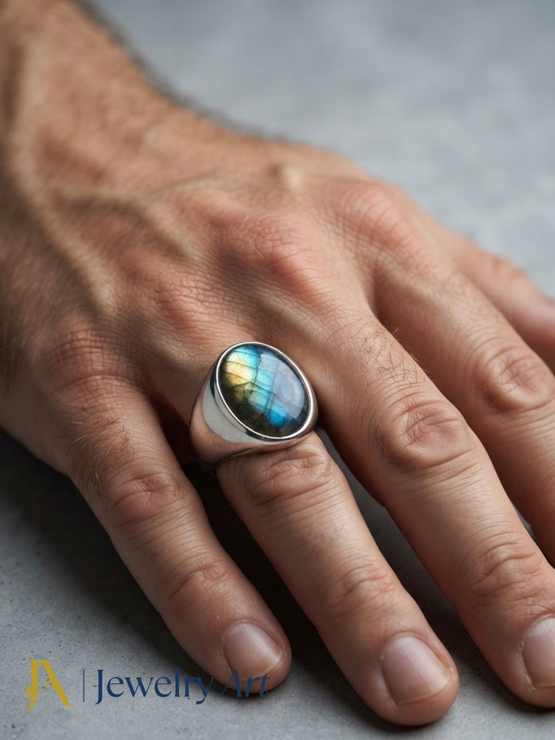 Modern men's fashion featuring a natural Labradorite gemstone handmade designer ring in silver plated GS.

