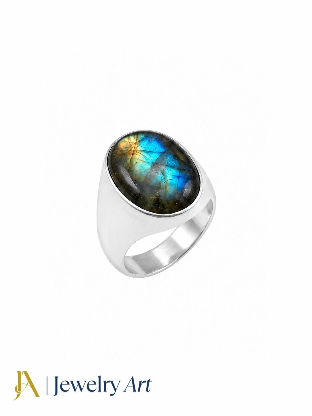 Designer men's Labradorite gemstone ring with handmade silver plated GS detailing, isolated on a white background for online jewelry listings.
