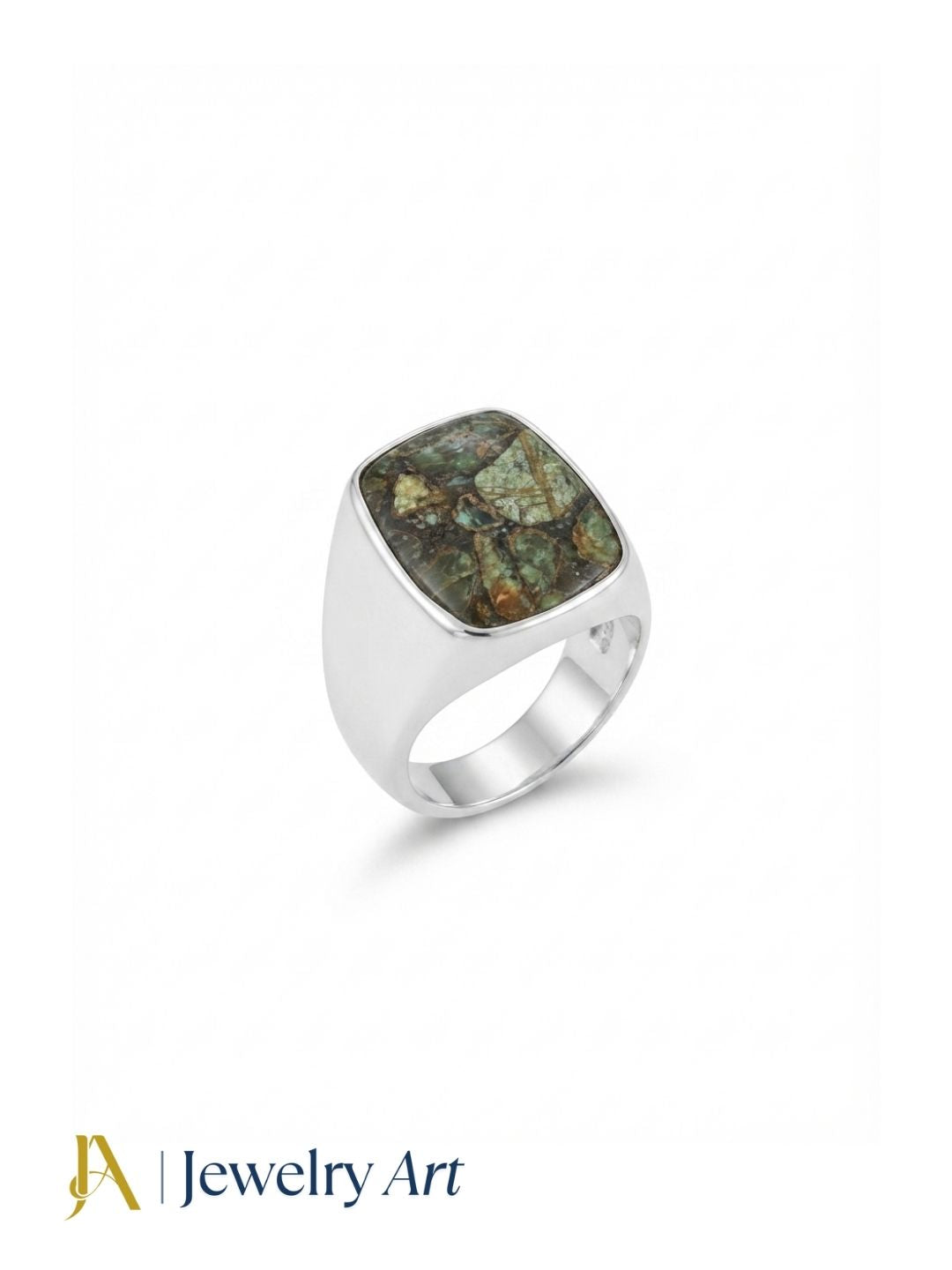 Stylish Copper Chrysocola gemstone ring for men in silver plated GS, handmade designer ring isolated on a pure white background for premium eCommerce jewelry photography.
