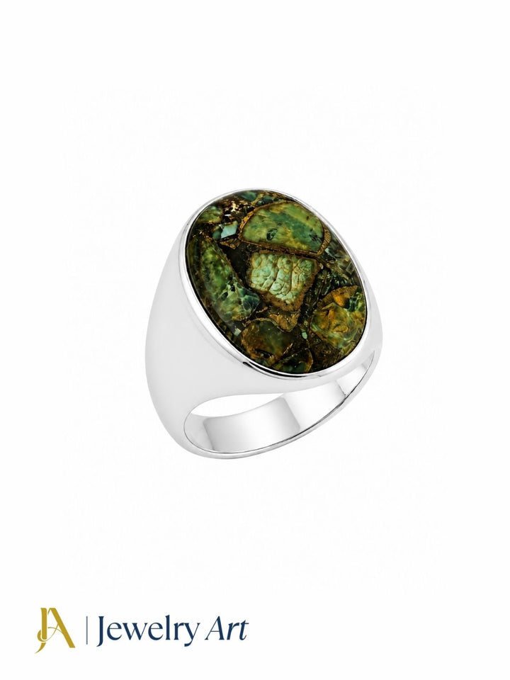 Handmade silver plated GS men's ring featuring a natural Copper Chrysocola gemstone, stylish designer jewelry displayed on a pure white background with crisp product details.
