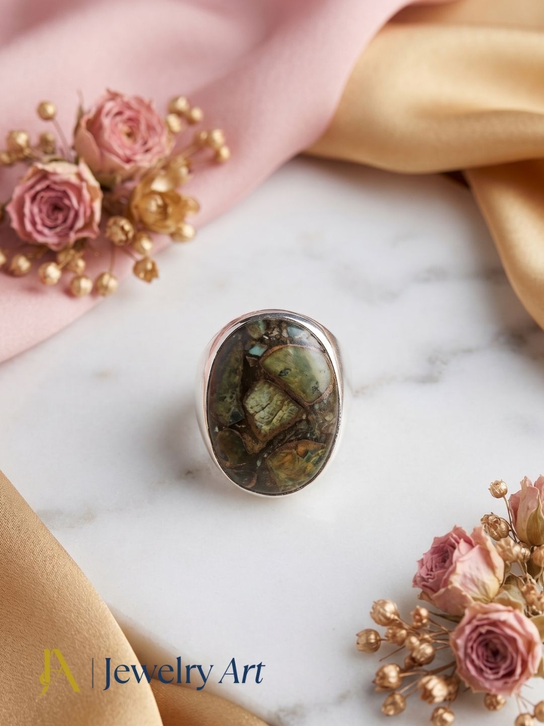 Designer natural Copper Chrysocola gemstone silver plated GS ring showcased in a sophisticated decorative jewelry display highlighting artisan craftsmanship.
