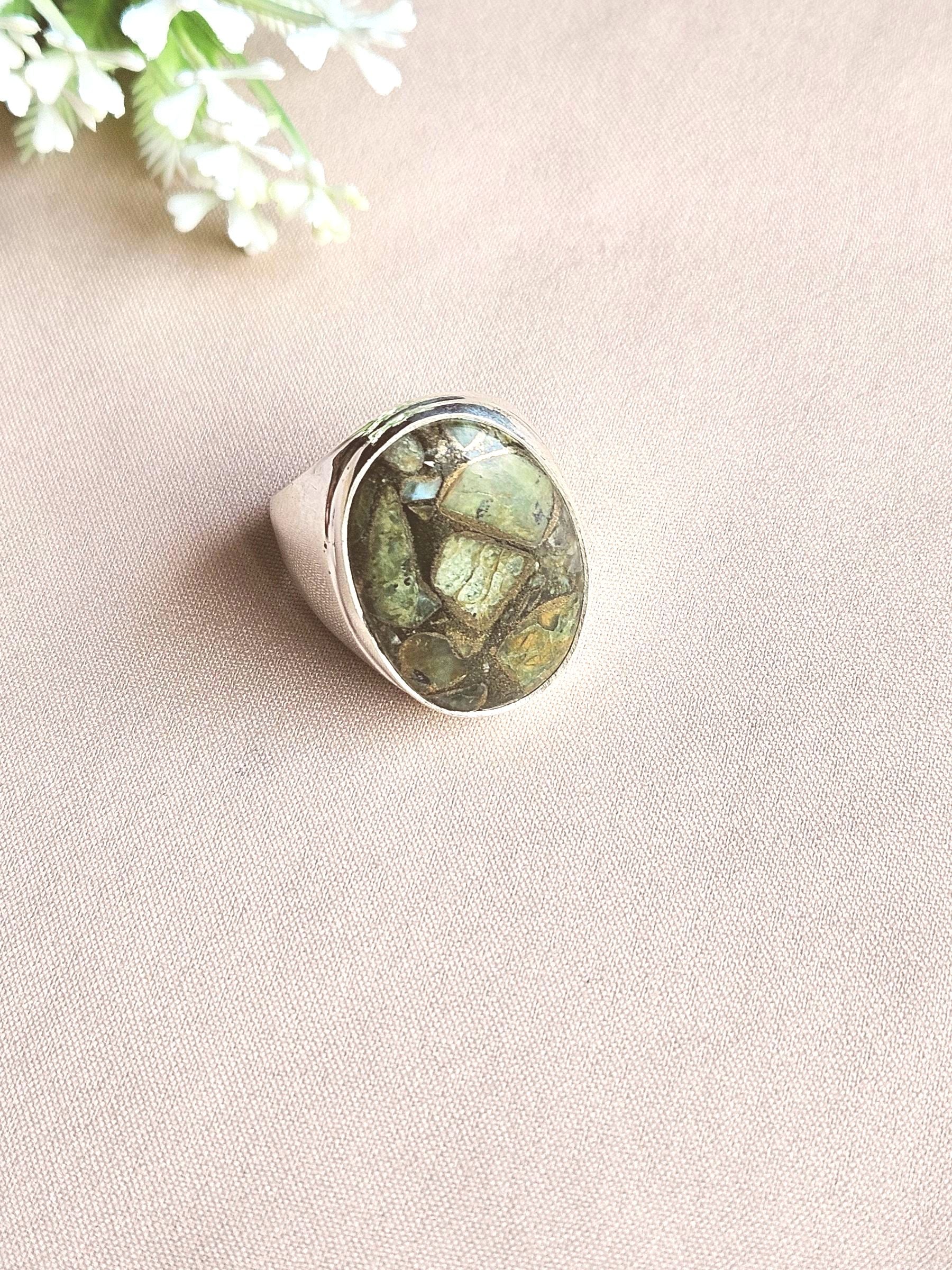 Handcrafted Copper Chrysocolla Gemstone Ring for Men – Silver Plated GS Designer Statement Ring
