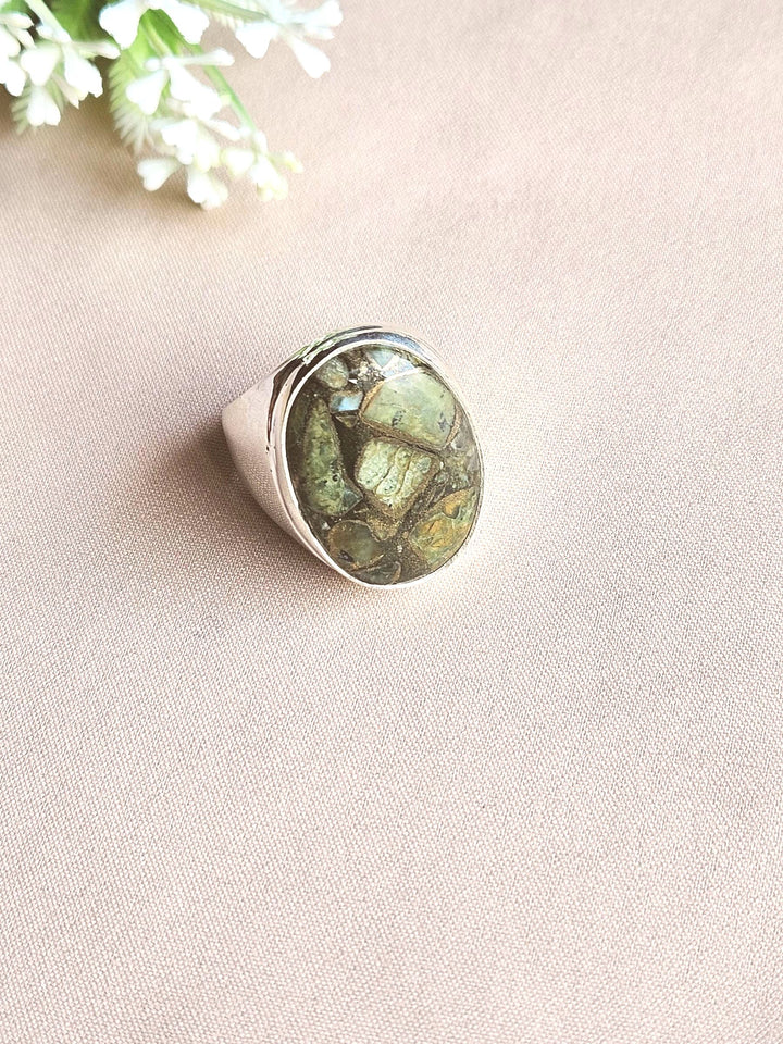 Handcrafted Copper Chrysocolla Gemstone Ring for Men – Silver Plated GS Designer Statement Ring