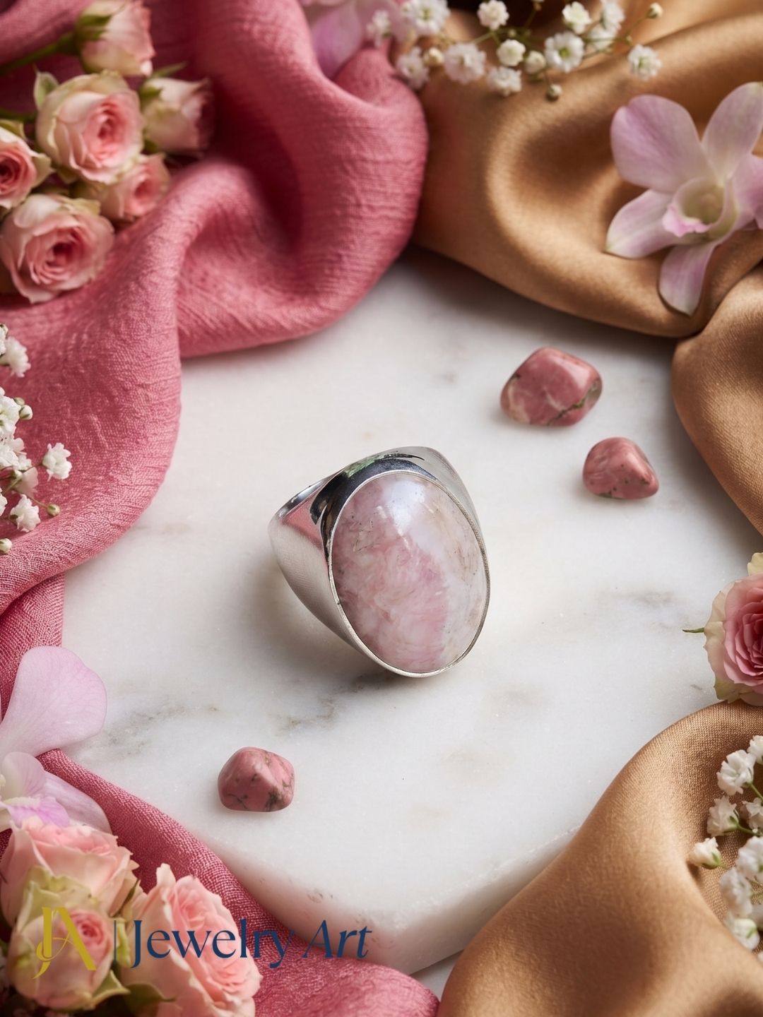 Handcrafted natural Jasper stone ring for men in silver plated GS displayed in a luxury decorative jewelry setup with elegant props, highlighting the natural gemstone and artisan craftsmanship.
