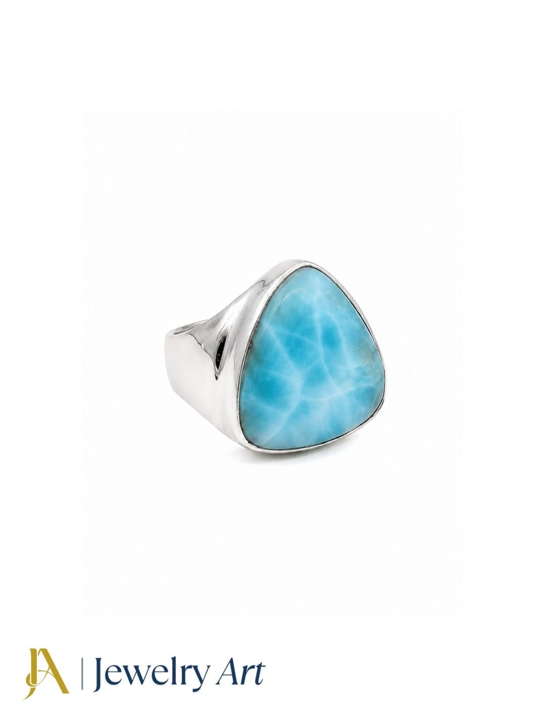 Premium men's Larimar stone ring with a silver plated GS finish, handcrafted artisan jewelry photographed on a pure white background.
