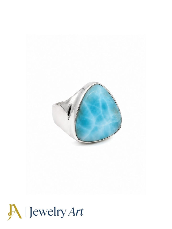 Premium men's Larimar stone ring with a silver plated GS finish, handcrafted artisan jewelry photographed on a pure white background.
