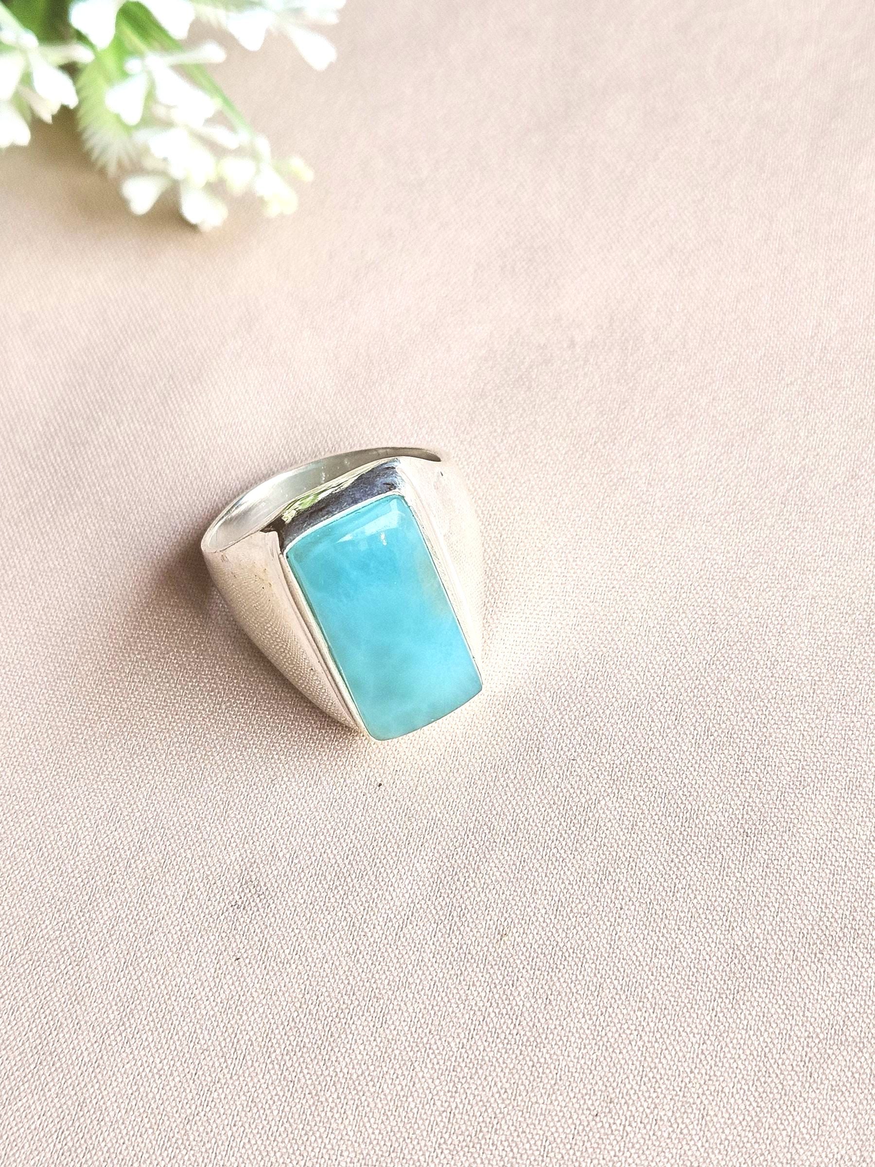 Men’s Natural Larimar Stone Ring – Handcrafted Silver Plated GS Bold Statement Ring