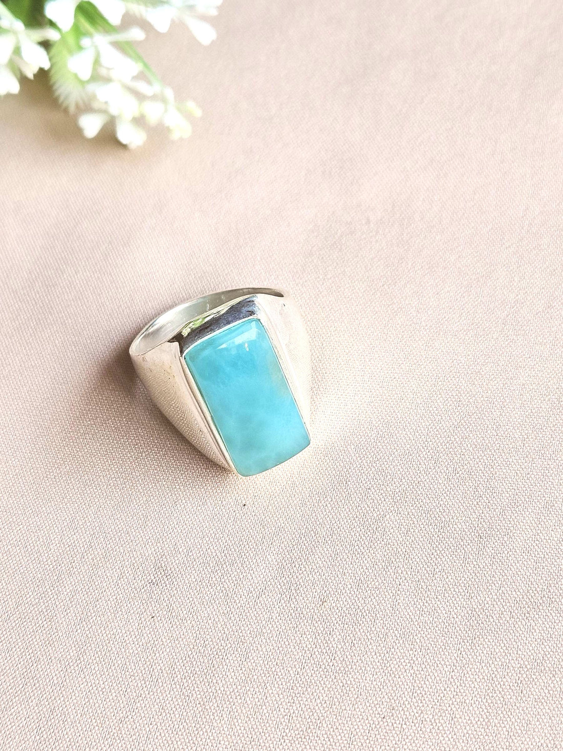 Men’s Natural Larimar Stone Ring – Handcrafted Silver Plated GS Bold Statement Ring