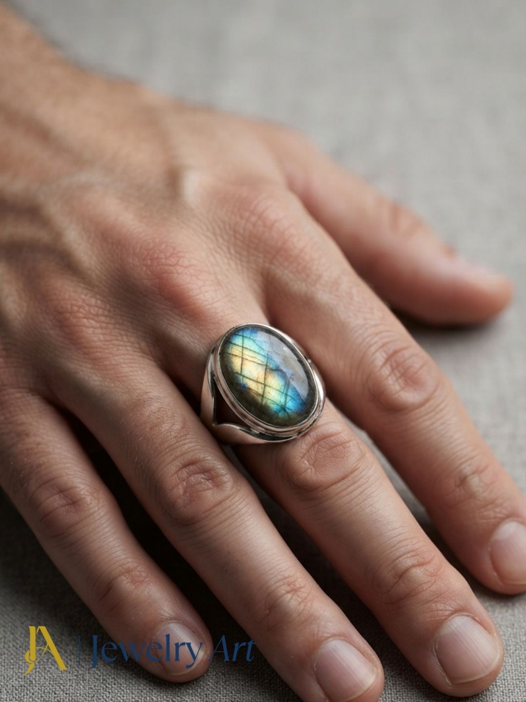 Modern men's fashion featuring a natural Labradorite stone handcrafted designer ring in silver plated GS.
