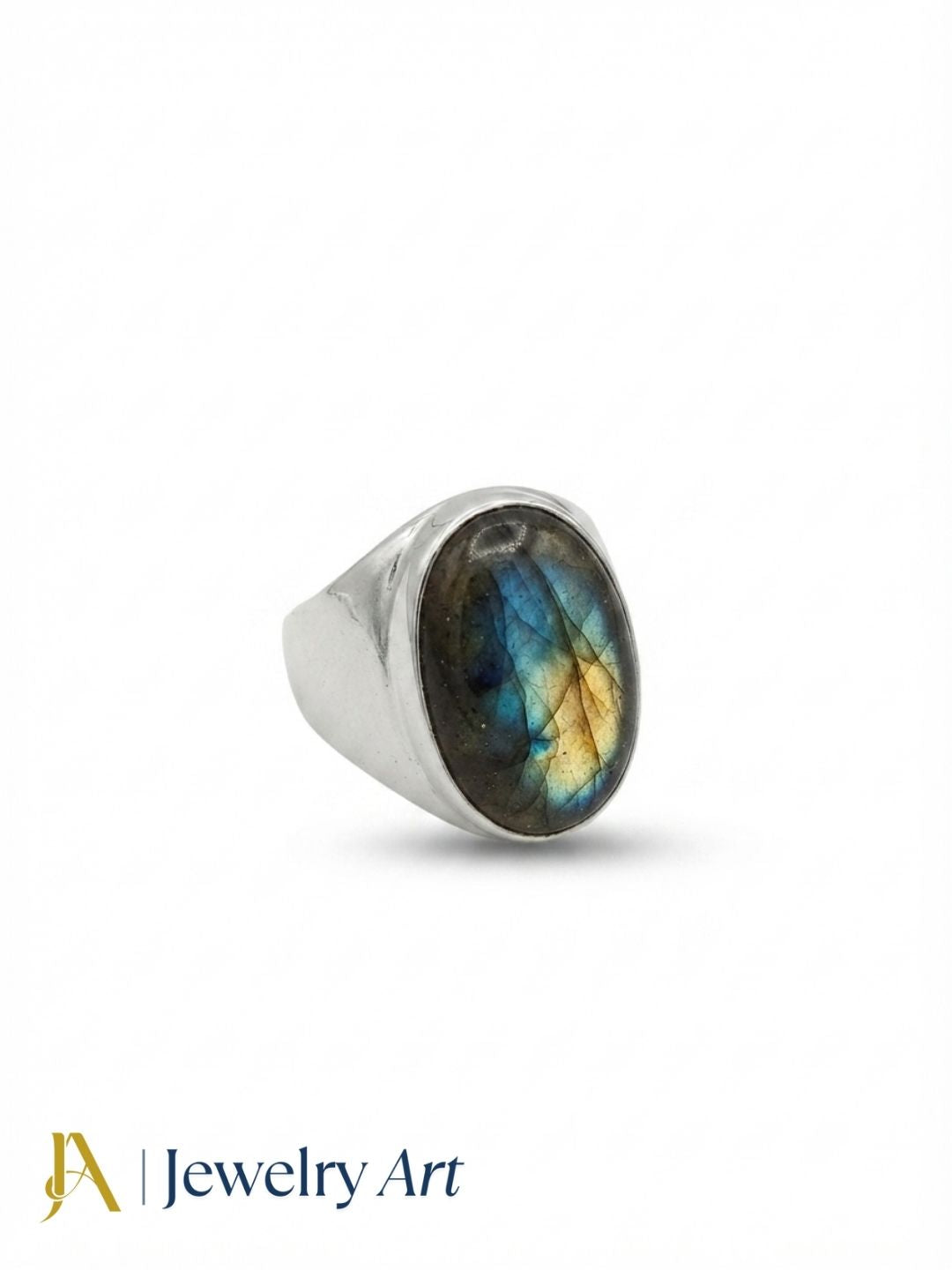 Luxury handcrafted Labradorite gemstone ring for men with silver plated GS setting, isolated on a white background.
