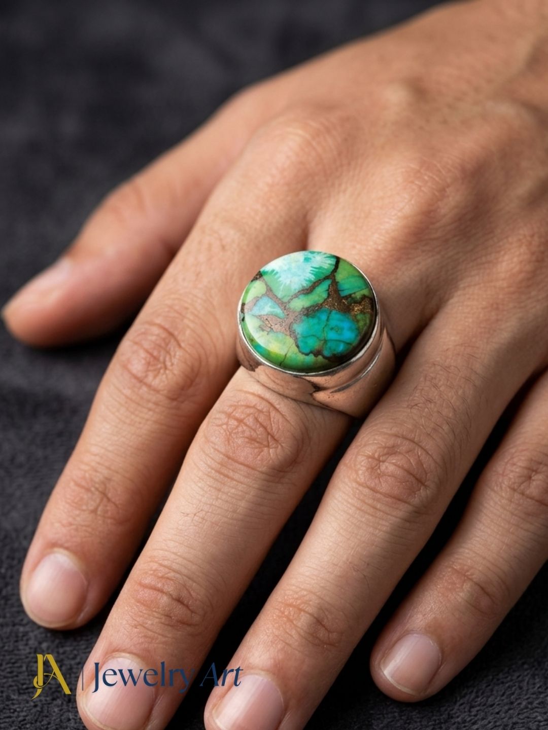 Fashion model wearing Natural Copper Chrysocolla silver plated ring for men
