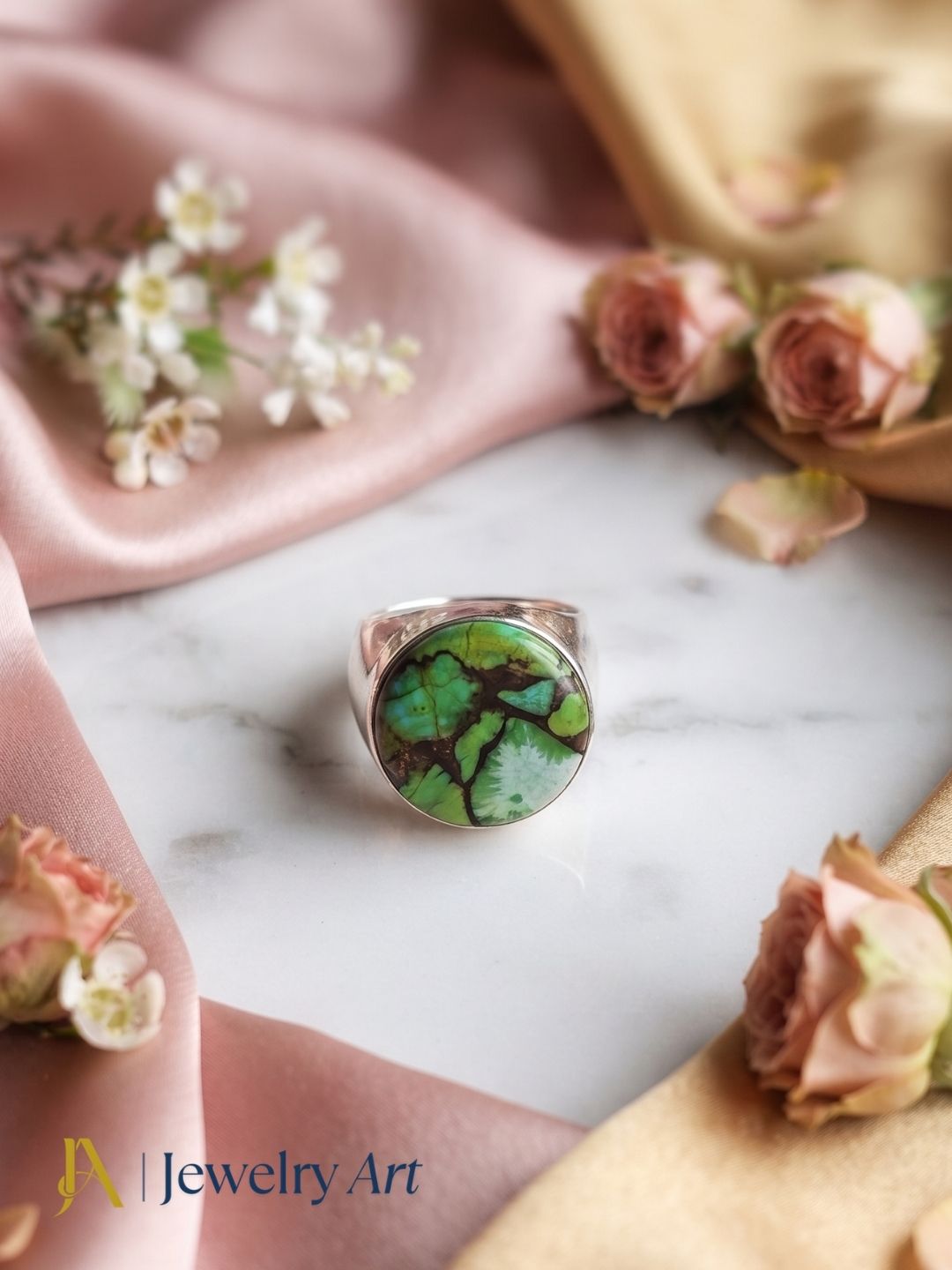 Premium Natural Copper Chrysocolla ring in decorative product photography
