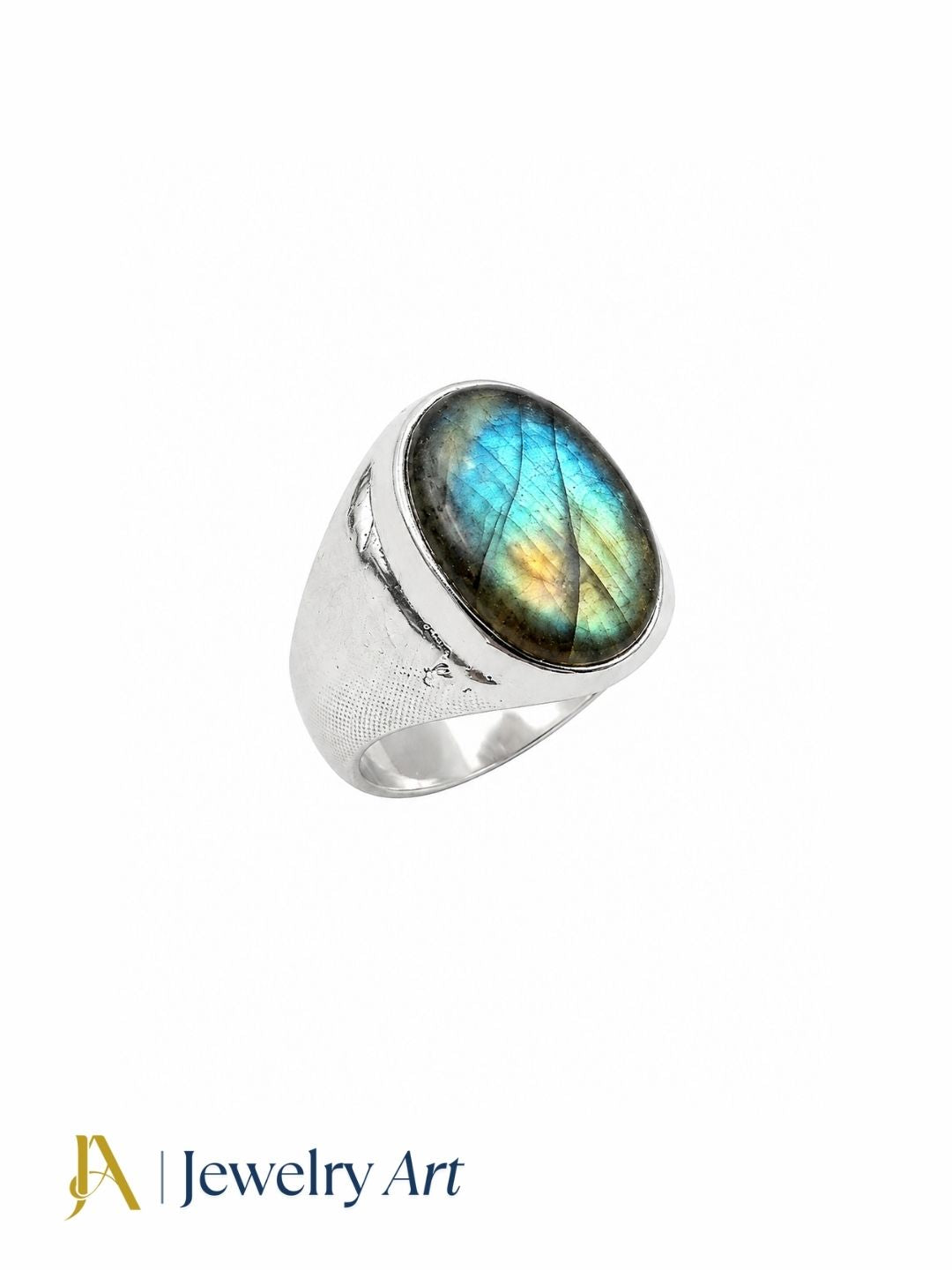Artisan natural Labradorite ring for men in silver plated GS, handcrafted fashion jewelry isolated on a pure white background for premium eCommerce product photography.
