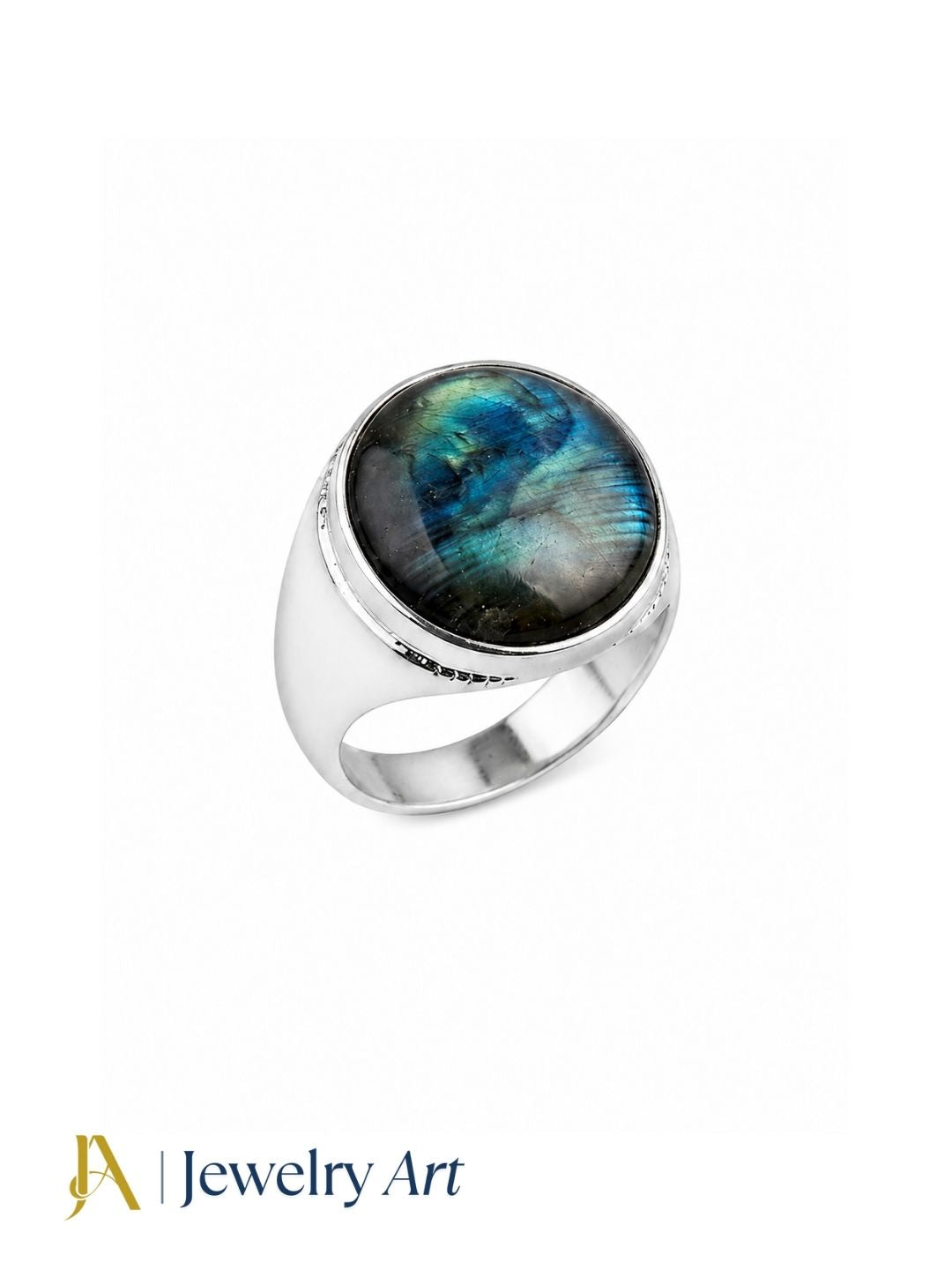 Handcrafted silver plated GS men's ring featuring a natural Labradorite gemstone, artisan fashion jewelry displayed on a pure white background with crisp product details.

