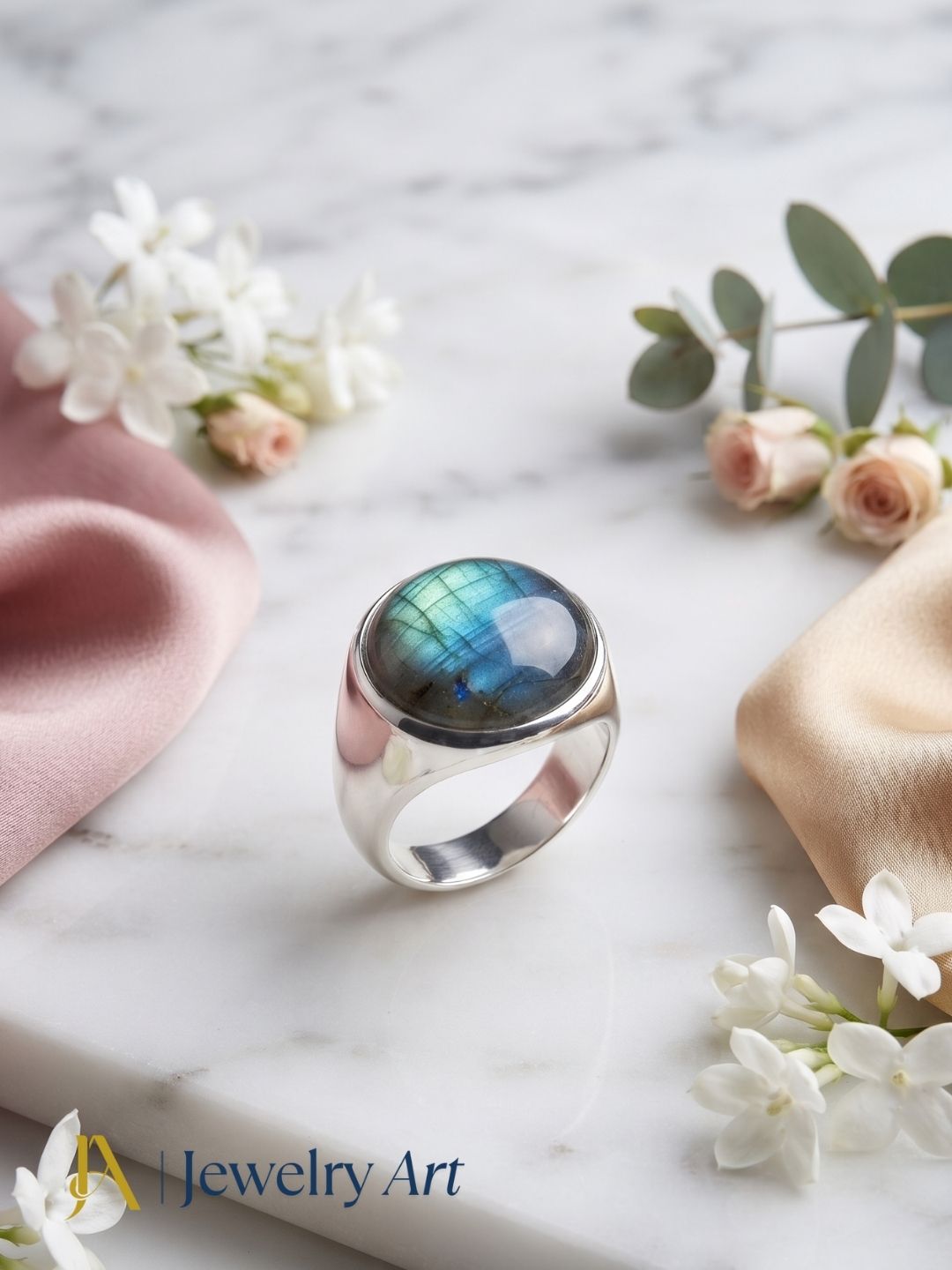 Designer natural Labradorite gemstone silver plated GS ring showcased in a sophisticated decorative jewelry display highlighting artisan craftsmanship.
