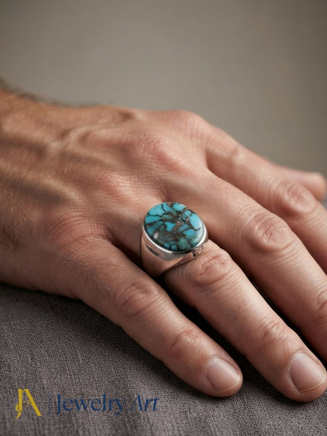 Stylish man wearing a handcrafted Copper Turquoise stone ring in silver plated GS for a premium men's fashion jewelry photoshoot.
