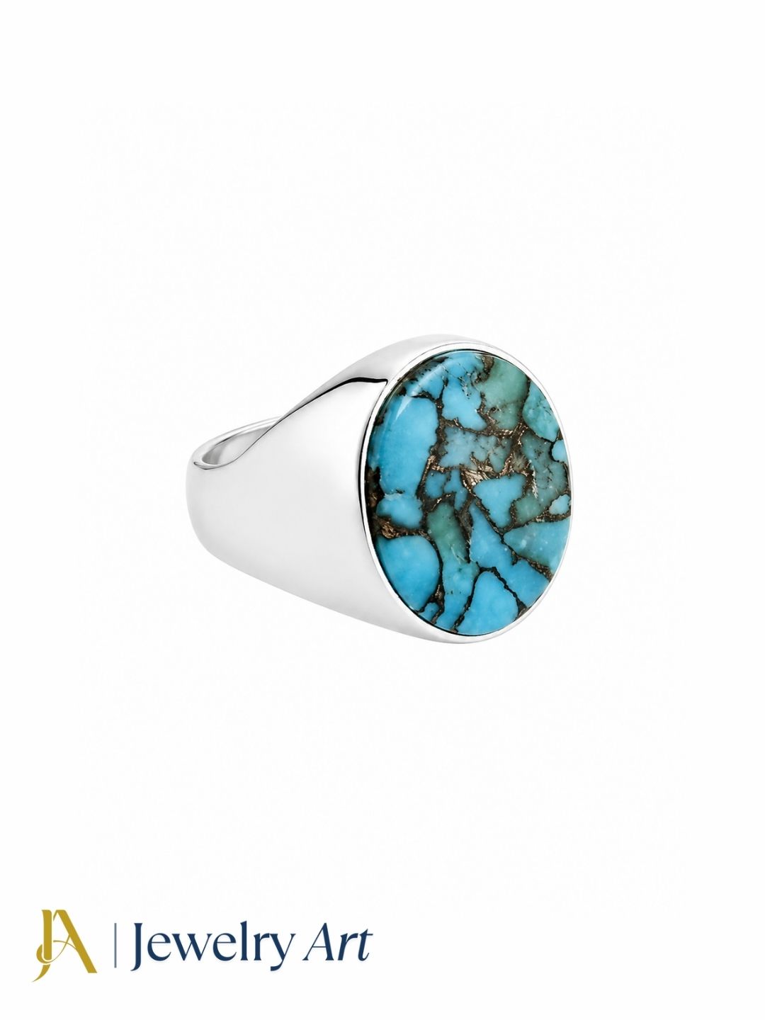 Designer men's natural Copper Turquoise gemstone ring with handcrafted silver plated GS detailing, isolated on a white background for online jewelry listings.
