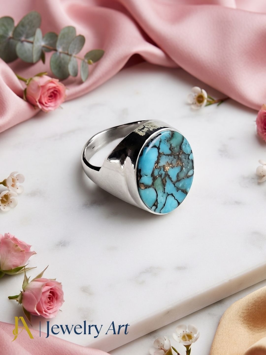 Natural Copper Turquoise gemstone ring in silver plated GS displayed in a refined decorative jewelry arrangement with premium styling.
