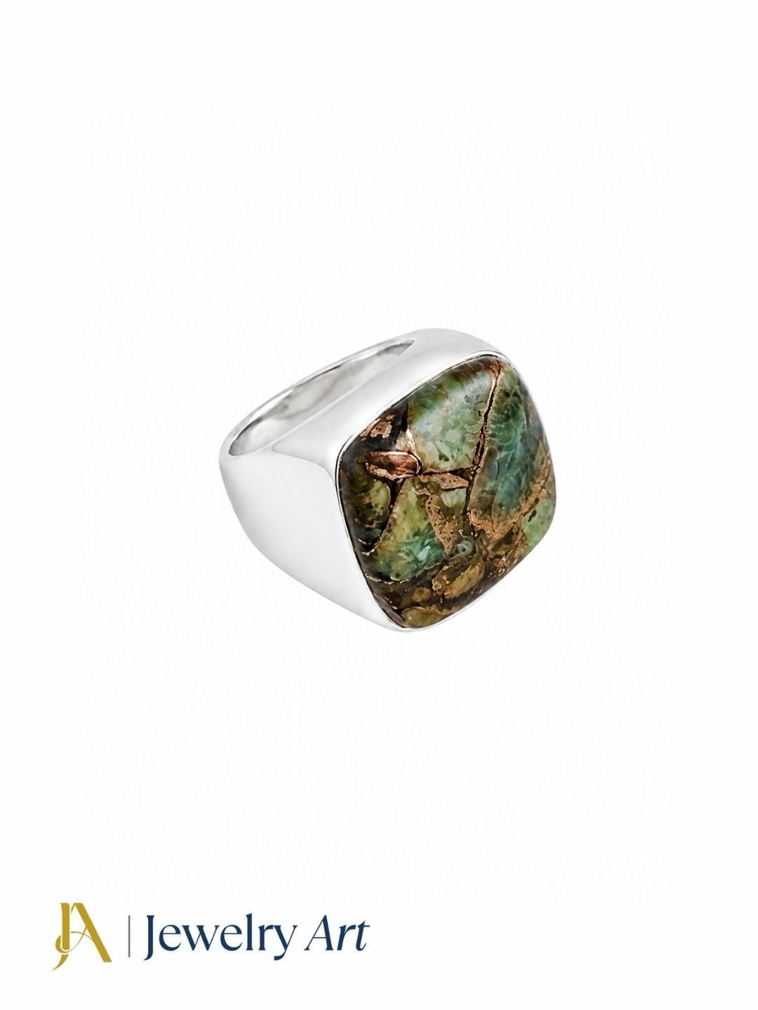 Premium natural Copper Chrysocola gemstone ring for men crafted in silver plated GS, handmade designer ring isolated on a white background.
