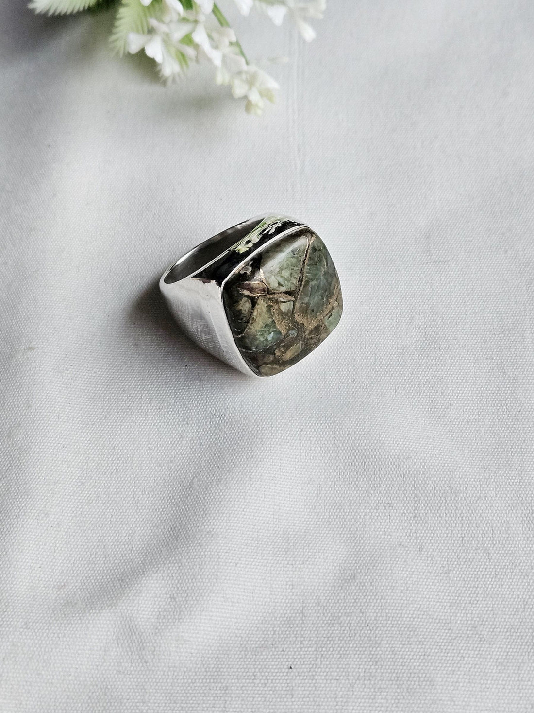 Natural Copper Chrysocolla Stone Ring for Men – Silver Plated GS Handcrafted Designer Ring