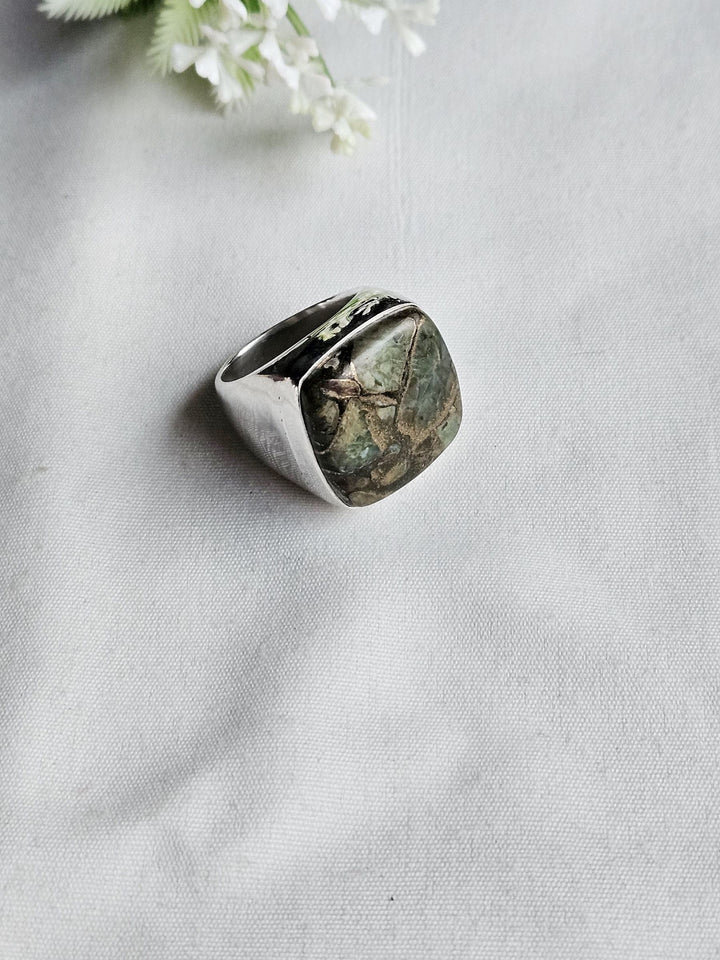 Natural Copper Chrysocolla Stone Ring for Men – Silver Plated GS Handcrafted Designer Ring