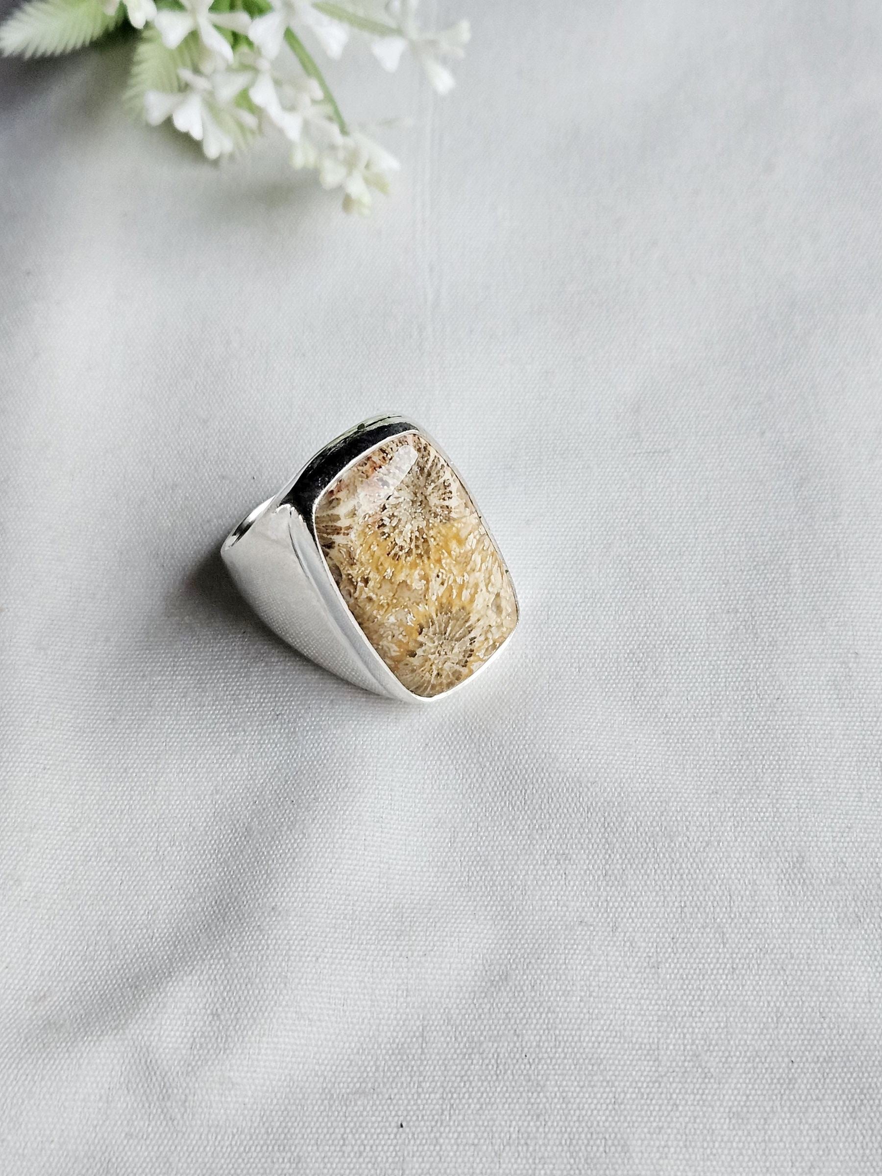Men’s Natural Fossil Coral Stone Ring – Handcrafted Silver Plated GS Bold Statement Ring