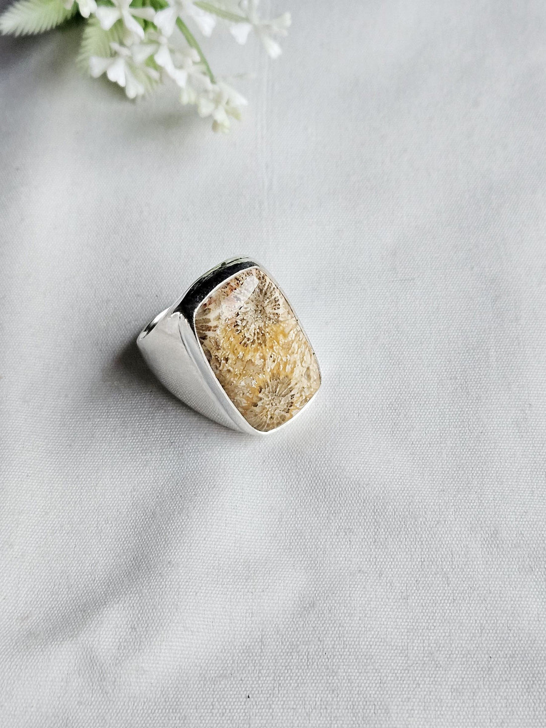 Men’s Natural Fossil Coral Stone Ring – Handcrafted Silver Plated GS Bold Statement Ring