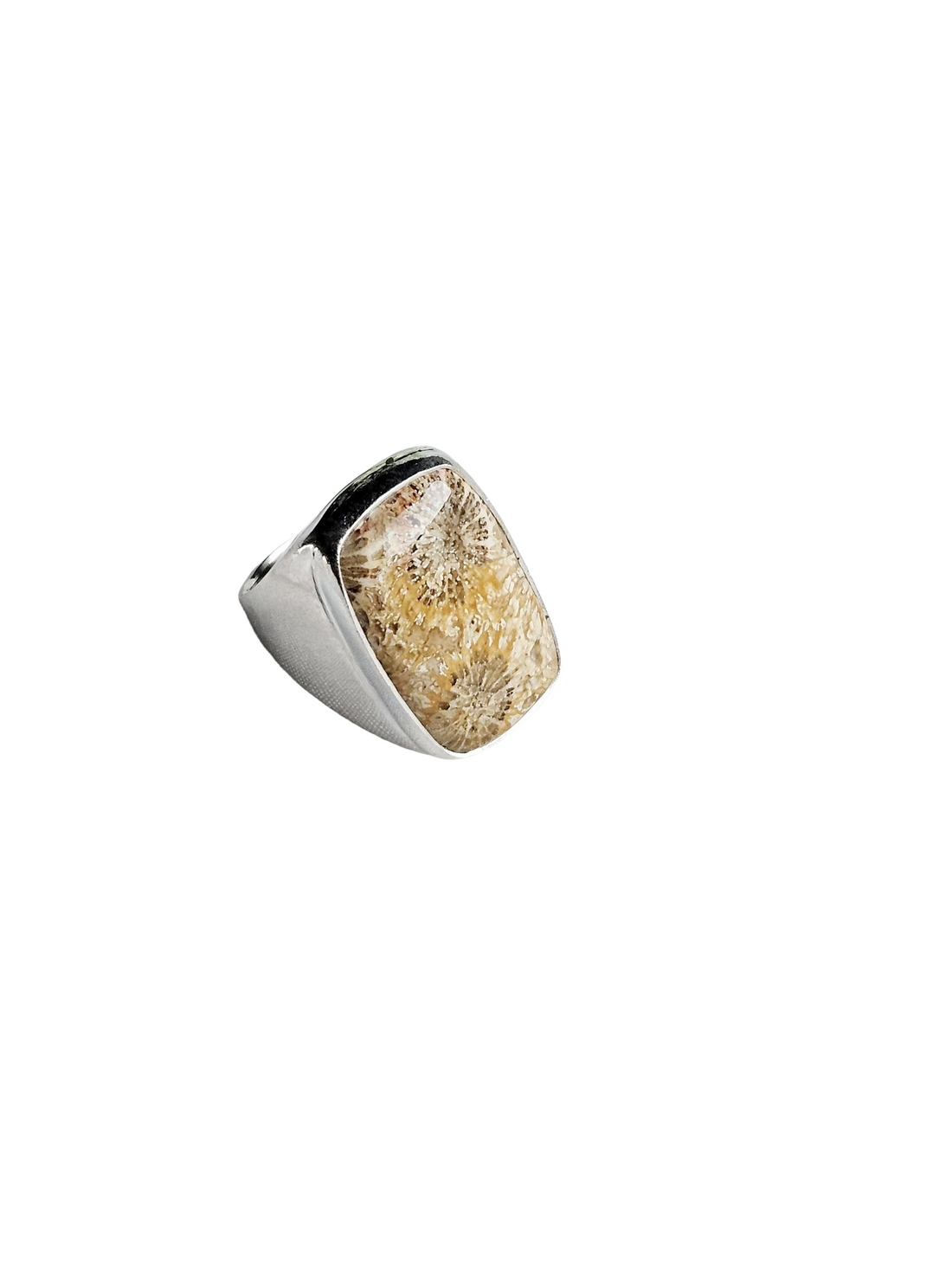 Men’s Natural Fossil Coral Stone Ring – Handcrafted Silver Plated GS Bold Statement Ring