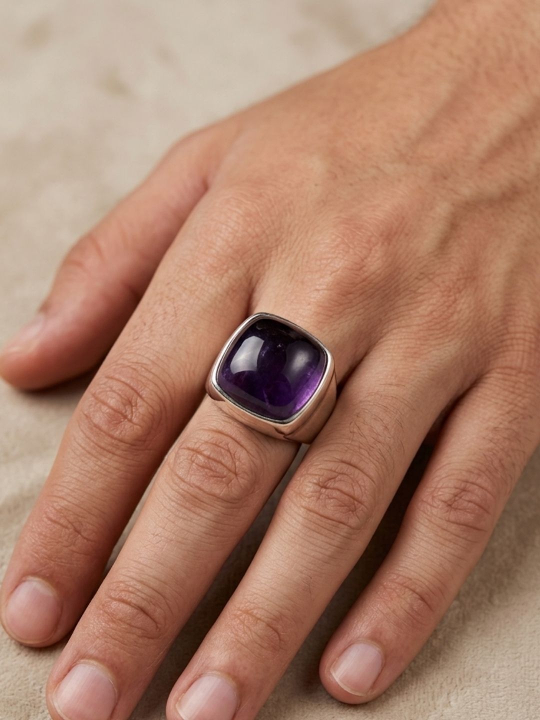 Male model showcasing Natural Amethyst silver plated gemstone ring
