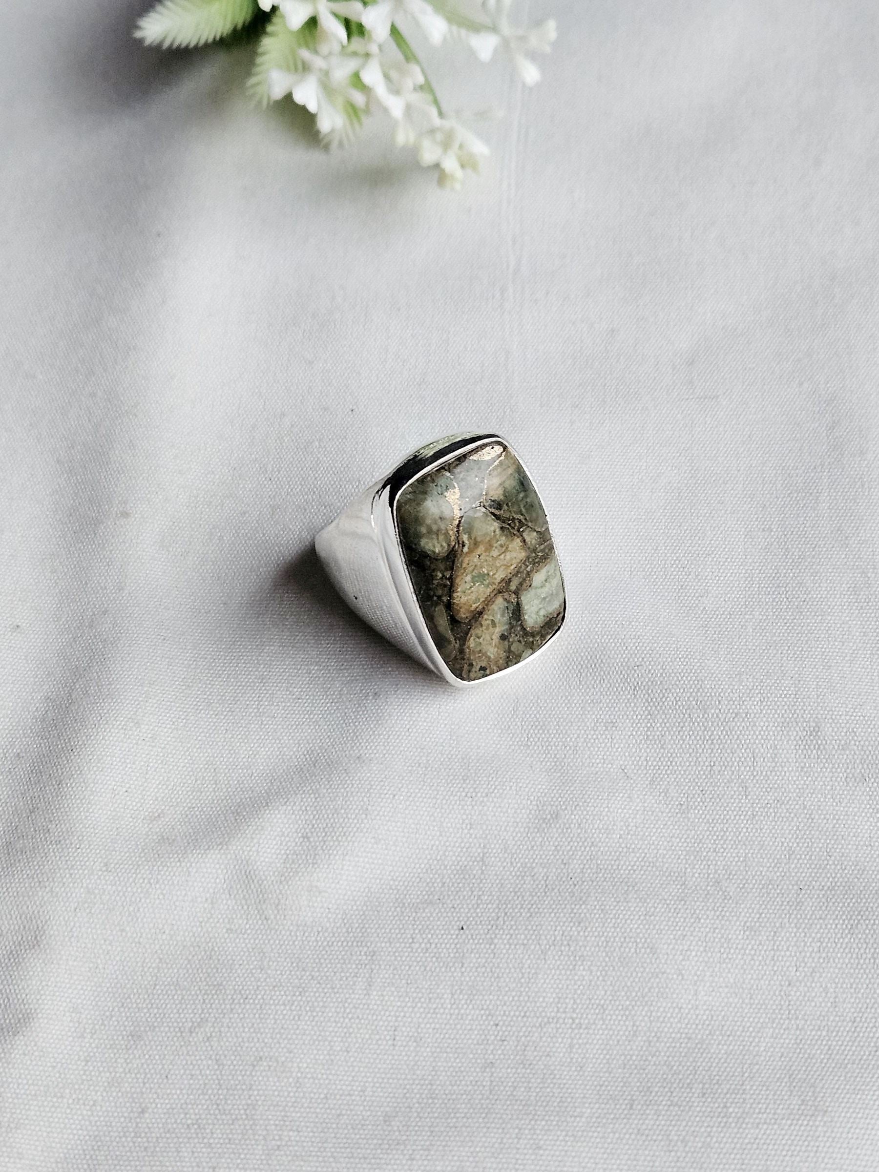 Natural Copper Chrysocola Gemstone Ring for Men – Handcrafted Silver Plated GS Ring