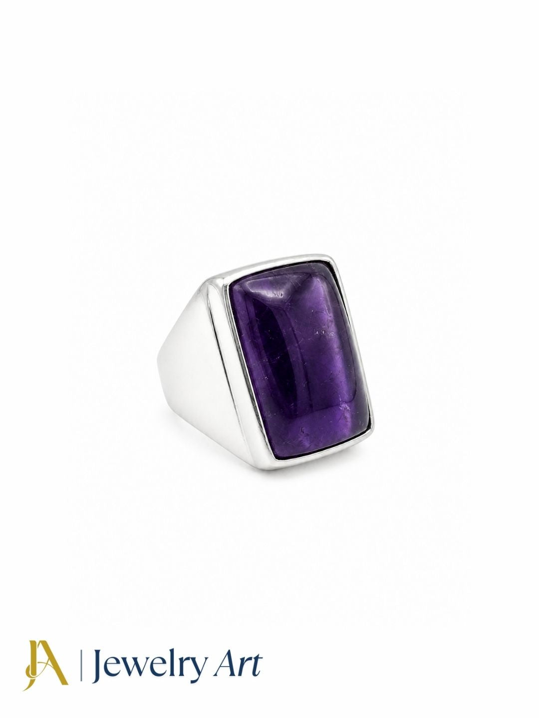 Handcrafted silver plated GS men's ring featuring a natural Amethyst gemstone, designer jewelry displayed on a pure white background with sharp product details.
