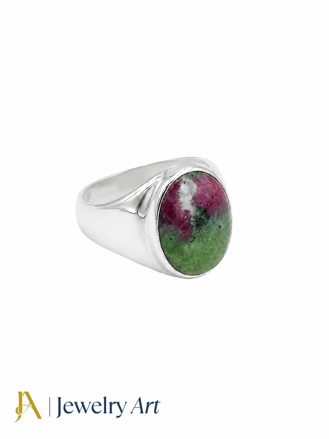 Premium natural Ruby Zoisite gemstone ring for men crafted in silver plated GS, handcrafted designer statement ring isolated on a white background.
