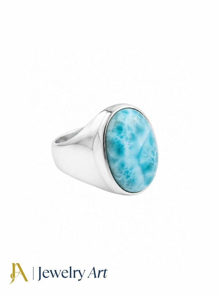 Handcrafted silver plated GS men's ring featuring a natural Larimar gemstone, bold statement jewelry displayed on a pure white background with crisp product details.
