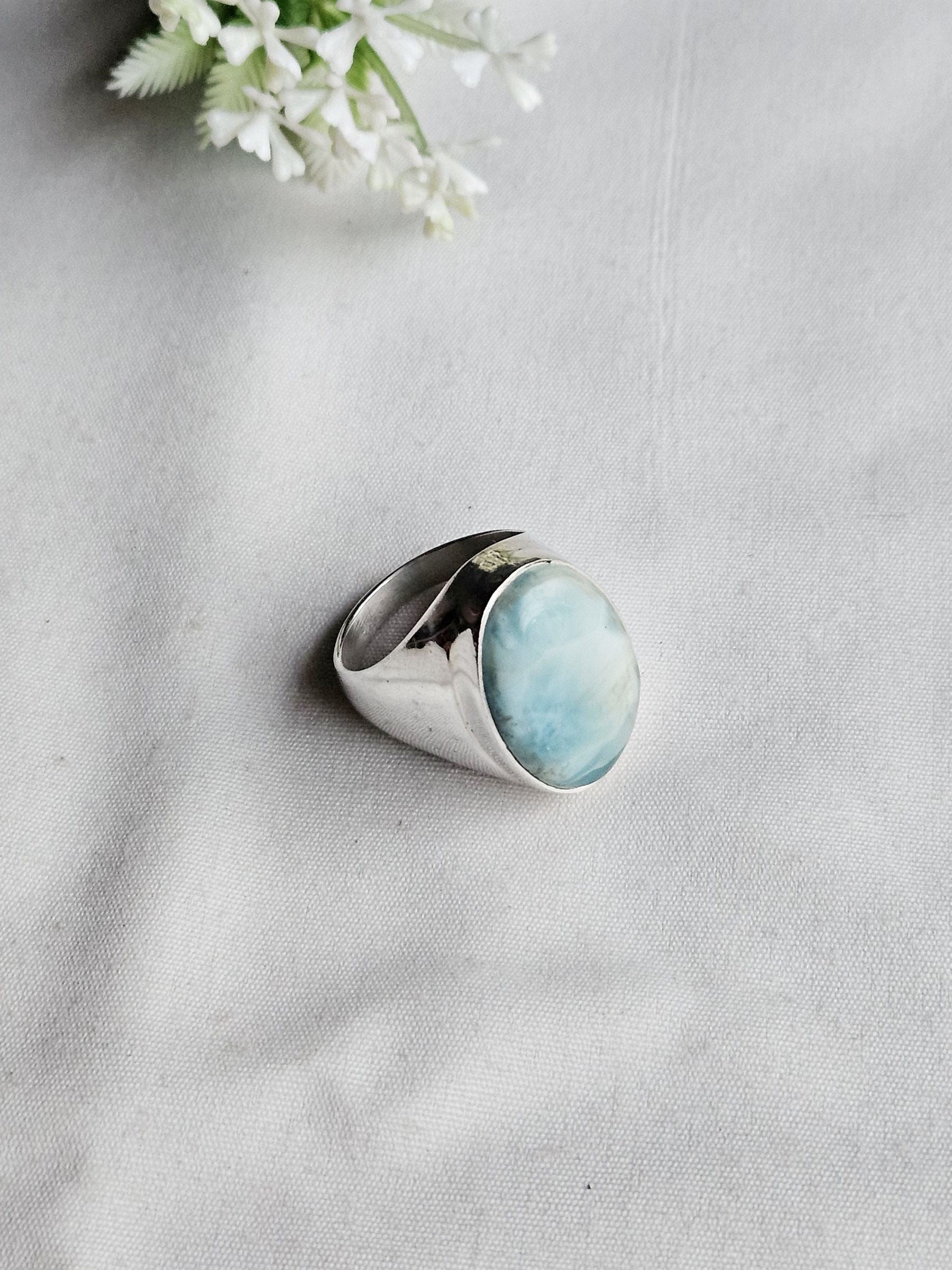 Men’s Natural Larimar Stone Ring – Handcrafted Silver Plated GS Bold Statement Ring