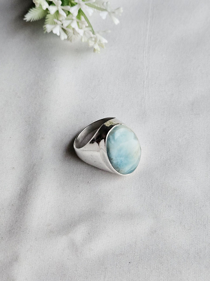 Men’s Natural Larimar Stone Ring – Handcrafted Silver Plated GS Bold Statement Ring
