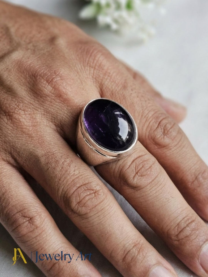 Artisan Amethyst Gemstone Ring – Silver Plated GS Ring for Men